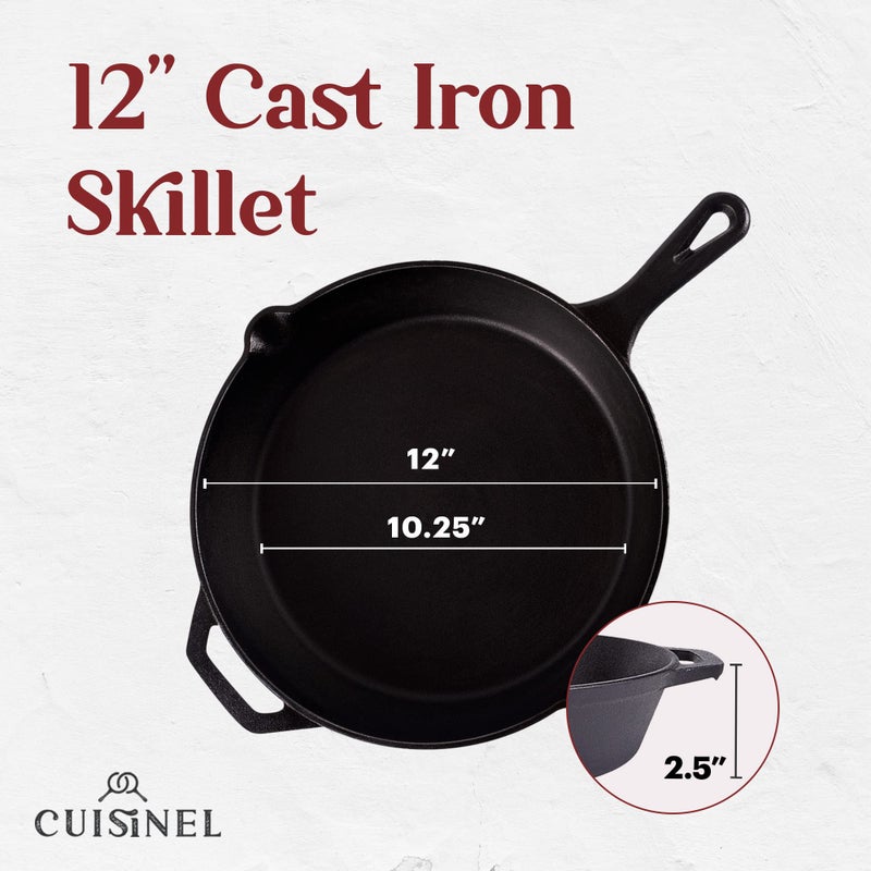 Cuisinel Cast Iron Skillet - 12"-Inch Frying Pan with Assist Handle + Red Silicone Grip Cover - Pre-Seasoned Oven Safe Cookware - Indoor/Outdoor Use - Grill, Stovetop, Induction, BBQ and Firepit Safe - Image 3